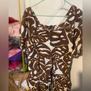 Brown and White Leaf Print Dress